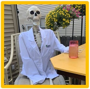 skeleton nurse needing a booster shot